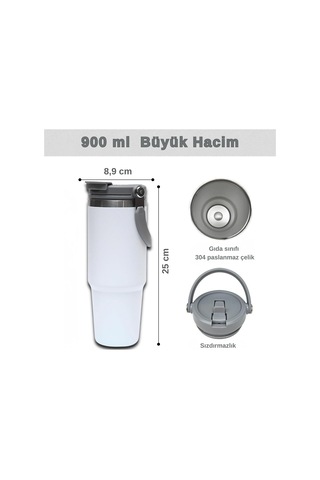 Pipetli Termos Bardak 900 Ml Paslanmaz Çelik -çift Kullanımlı Kapak Beyaz