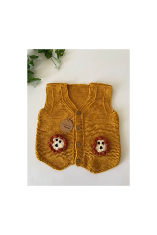 Adenya Sepeti El Örgüsü Aslan Figürlü Bebek Yeleği Handmade Kiremit Renk Detaylı Hardal