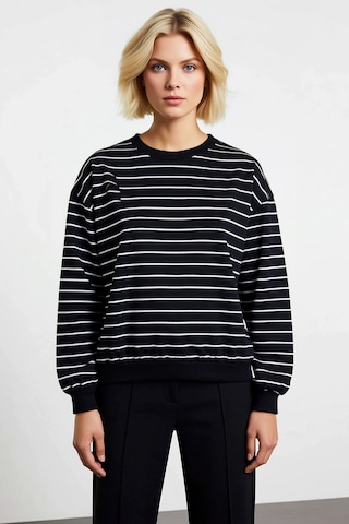 Benerly Kadın Bisiklet Yaka Düşük Kol Çizgili Regular Örme Sweatshirt Fon siyah