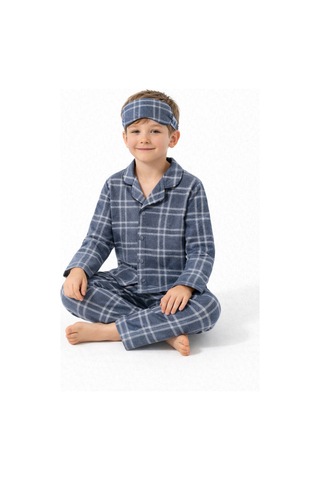 Beka Kids Erkek Çocuk Önden Düğmeli Kareli Pijama Takımı - Göz Bantlı Gri