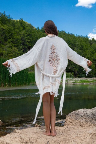 Dokubba Plaj Kimono - Ağaç Baskılı - Keten Dokuma Krem-bej Krem-bej
