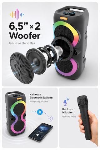 Taşınabilir Mikrofonlu 40w Led Işıklı Bluetooth Hoparlör Seti