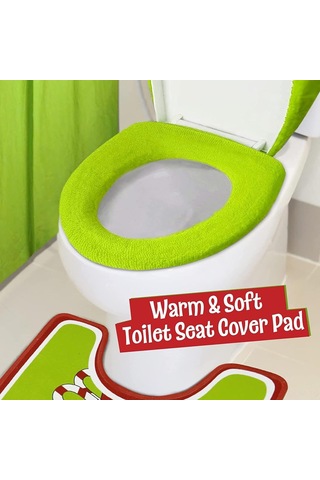 Qingmipy Grinch Noel Banyo Seti - 4 Parça Tuvalet Kapağı, Koltuk Pedi Ve Halı Yeşil Noel Dekoru