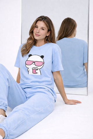 Sevgili Kombini Panda Bardak Baskılı Çift Tişört Oversize Unisex Mavi
