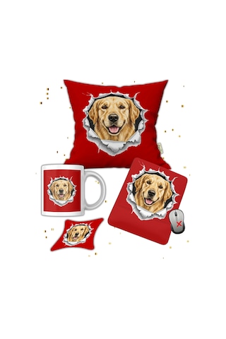 Köpek Sever Hediye Seti Golden Retriever Temalı Baskılı Kupa Yastık İsimli Mause Ped Bardak Altlığı Hediye Seti