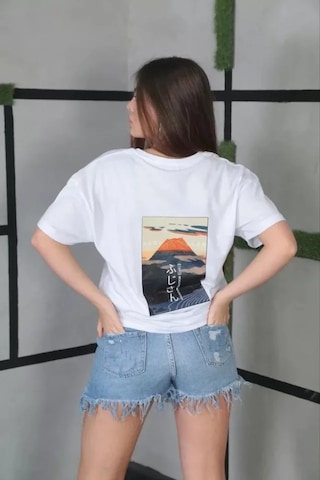 Dogutrend Unisex Bisiklet Yaka Baskılı Oversize T-shirt- Beyaz