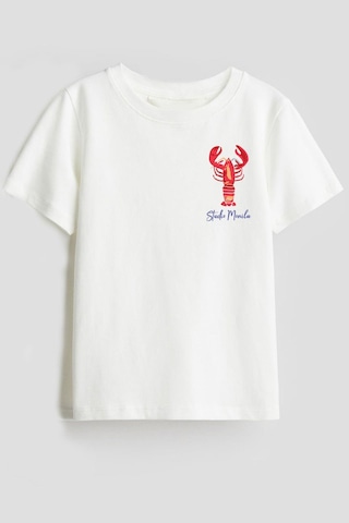 Monila Unisex Istakoz Baskılı Pamuklu T-shirt Beyaz