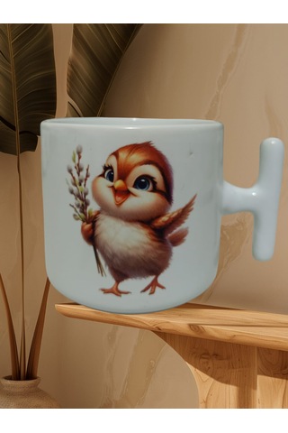 Sevimli Serçe Çift Taraf Baskılı T Kupa Bardak Beyaz T