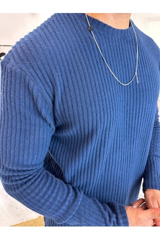 Uzun Kollu Tişört Fitilli Bisiklet Yaka Yumuşak Dokulu Tüylenmez Pamuklu Kazak Sweatshirt Lacivert