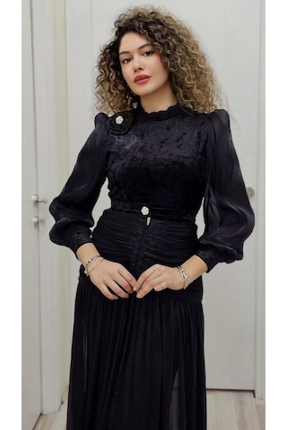 Çiçek Detaylı Çıkarılabilir Etekli Kadife Abiye 2752-siyah Siyah