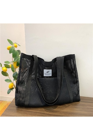 Siyah Yogodlns Kadın Örgü Büyük Kapasiteli Hollow Out Plaj Omuzdan Askili Çanta Moda Naylon Düz Renk Alışveriş Çantası Siyah