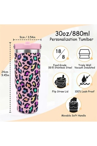 Trendooze Yeşil Leopar Desenli 30 Oz Paslanmaz Çelik Termos Çift Katmanlı Vakum Yalıtımlı Sızdırmaz Kapak Taşıma Saplı Kampçılı Yeşil