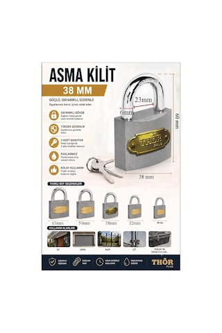 Orta Boy Asma Kilit 38 Mm 1 Adet Thor Plus Paslanmaz Metal Asma Kilit Dayanıklı Yedek Anahtarlı Zincir Kilidi Kapı Bahçe