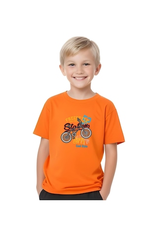 Fyk Kids Erkek Çocuk Yuvarlak Yaka Bisiklet 52 Erkek Baskılı T-shirt Turuncu