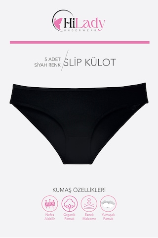Kadın Külot, 5li Paket Karışık Renkli Slip Külot Rahat Pamuklu Yumuşak Kumaş Siyah