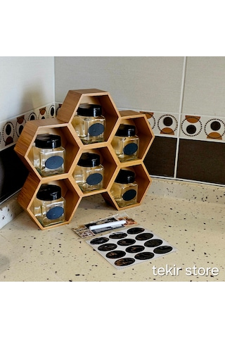 6'lı Baharatlık Takımı Ahşap Bambu Eskitme Standlı Petek Model Bambu