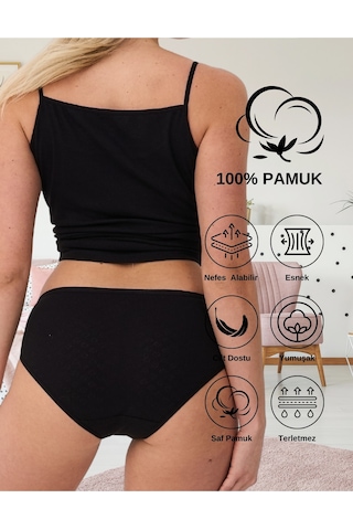Alya Underwear %100 Pamuklu Kadın Külot Normal Bel Yükseklikli Jakarlı Kalp Desenli Kumaş Slip Siyah