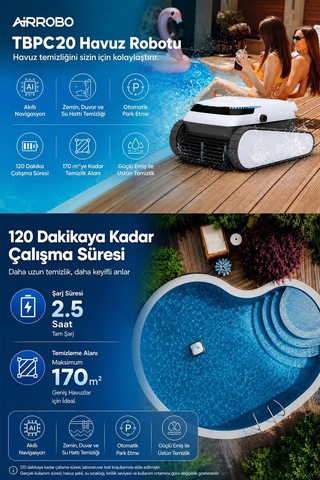 Tbpc20 Kablosuz Akülü Havuz Temizleme Robotu Zemin, Duvar, Su Hattı