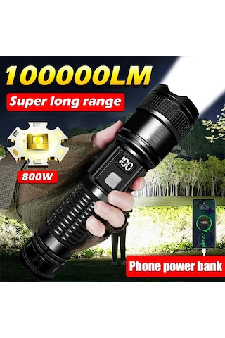Süper Parlak Uzun Menzilli Led El Feneri Açık Su Geçirmez El Siyah