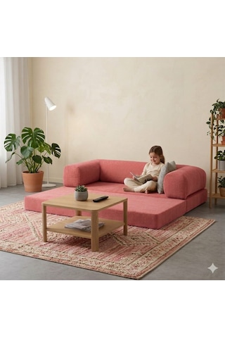 Herev 160x80 Sünger Koltuk İki Kişilik Kanepe Yataklı Yıkanabilir Kadife Kumaşlı Pembe