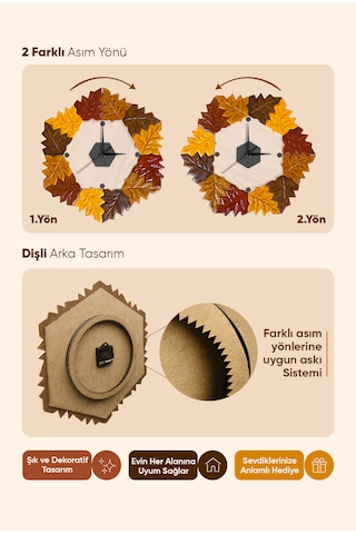 Sonbahar Yaprakları Dekoratif Yaprak Tasarımlı Duvar Saati 44x41 Cm Polyester Ve Ahşap El Yapımı Natural Karışık-çok Renkli