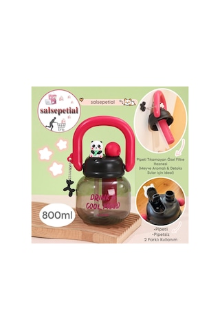 Panda Su Matarası Kawaii Suluk Panda Figürlü Su Şişesi Panda Matara Pipetli Matara Aroma Filtresi Detox Filtreli Charmlı Sevimli Panda Suluk 800ml Kırmızı