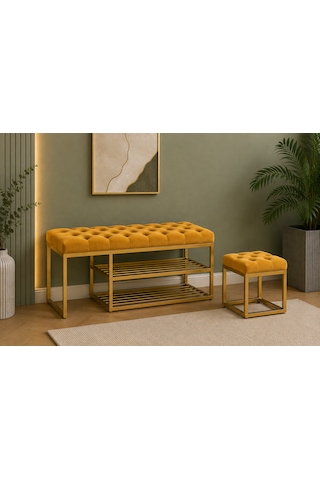Gold Metal Bench Ayakkabılık Bank, Kapı Girişi Puf Ayakkabılık Sarı