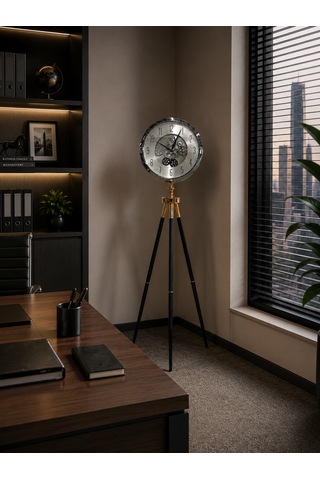 Krom Metal Ayaklı Dekoratif Salon Saati 110 Cm 40 Cm Çaplı Tripod Tasarımlı Retro Lüks Yer Saati