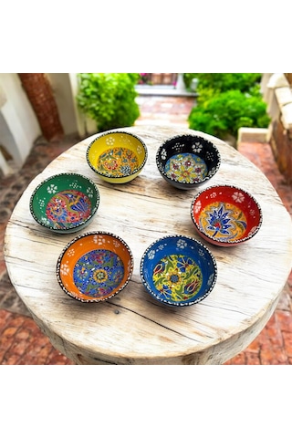Seramik Çerezlik Sosluk Kahvaltılık Sunumluk Kase El Yapımı Hand Made - Kabartma Çiçek Desenli Çok Renkli