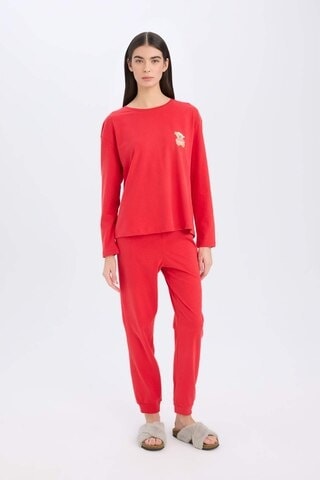 Defacto Fall İn Love Yılbaşı Temalı Pijama Takımı Uzun Kollu Üst Esnek Belli Uzun Alt D2290ax24wnrd59 Kırmızı
