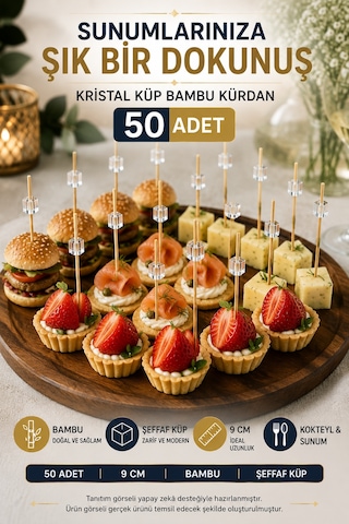 50 Li Kristal Küp Bambu Kürdan 9 Cm Parti Davet Kokteyl Kanepe Sunum Kürdanı Organizasyon Sofra Seti