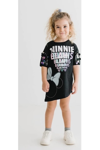 Minnie Mouse Lisanslı Siyah Pullu Kol Şık Elbise Mn17666 Siyah