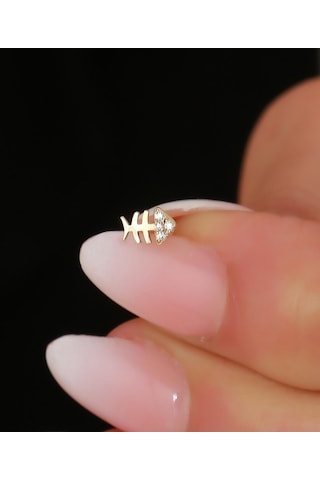 14 Ayar Altın Taşlı Balık Tragus Piercing Sarı Altın