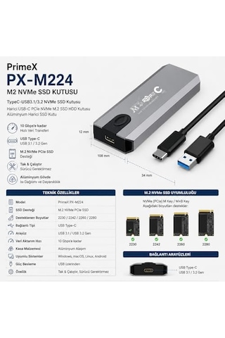 Px-m224 M.2 Nvme Ssd Kutusu, Type-c Usb 3.1/3.2 Harici Ssd Kutu, Pcıe Nvme M.2 Ssd Uyumlu Alüminyum Taşınabilir Disk