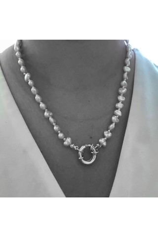 Gümüş Renk Kadın Barok Kilit Dümen Incili Kolye Gümüş