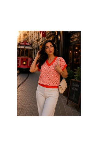 Hira Life Fashion Sfg Life Moda Kadın V Yaka Kare Desenli Şık Süveter Turuncu Turuncu