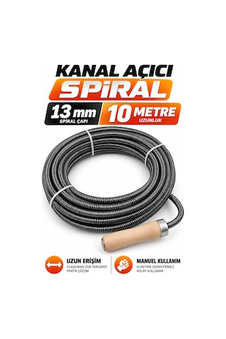 13 Mm 10 Metre Kanal Açıcı Spiral Ahşap Saplı Manuel Gider Açma Teli, Lavabo Ve Boru Temizleme S
