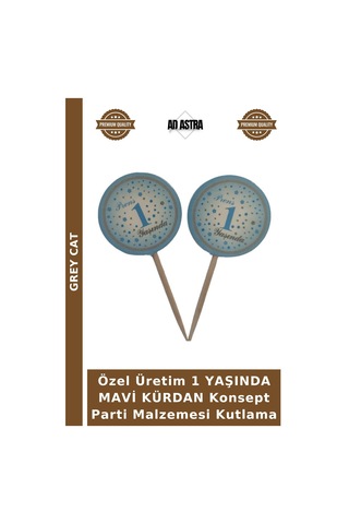 Özel Üretim 1 Yaşında Mavi Kürdan Konsept Parti Malzemesi Kutlama Çok Renkli