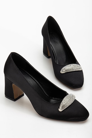 Kadın Siletto Topuklu Ayakkabı Siyah Saten Taşlı Kalın Topuklu-4166 Siyah