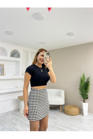 Soonaksesuar Kadın Kazayağı Desen Vatka Detay Kaban Ve Yüksek Bel Etek Ikili Takım Beyaz