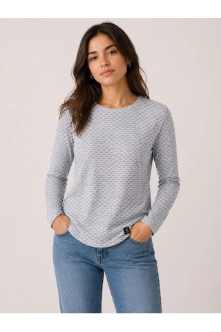 Defymoda Likralı Dokulu Uzun Kollu Tişört Oval Kesim Rahat Kalıp Bluz - Gri