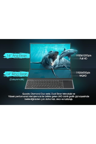 Quadro Diamond Duo DS1630 i7-10850H 16 GB 512 GB SSD O/B UHD 16" IPS + 14" IPS Dos Dokunmatik Dizüstü Bilgisayar