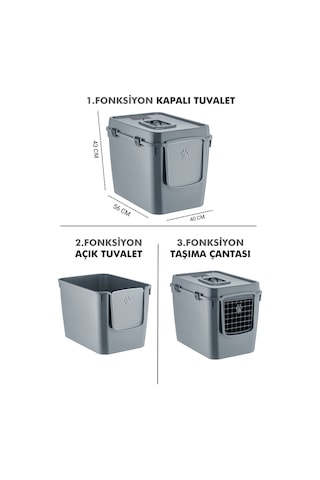 Pribor Hz-500 Xxl 3 Fonksiyonlu Açık / Kapalı Kedi Tuvaleti Ve Taşıma Çantası Gri 56 X 40 X 43 Cm