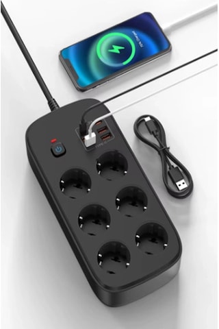Termal Akım Korumalı 6 Lü Priz 4x Usb 2x Type-c Çıkışlı Grup Priz Çoğaltıcı 3500w Siyah 0-2