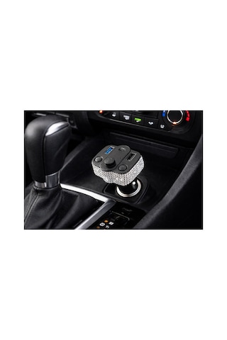 Kadınlara Özel Araç İçi Kristal Taşlı Fm Transmitter Bluetooth Usb Type-c Oto Çakmaklık