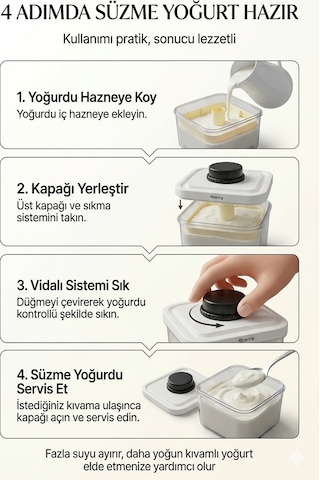 Süzme Yoğurt Yapma Aparatı D999-b Yoğurt Süzgeci, Kapaklı Yoğurt Süzme Kabı Beyaz