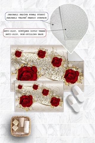 Dijital Baskı Gül Desen Kaymaz Taban 2li Set Banyo Paspası Klozet Takımı 50x60cm-60x100cm Krem