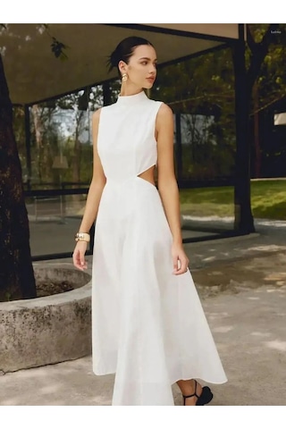 Fashion Cocktail Minik Boyun Detay Pencereli Bel Kolsuz Dizaltı Midi Sahil Yazlık Viskon Elbise Bej