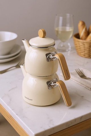 Sultan - Bambu Kulplu Çaydanlık Takımı Krem Krem