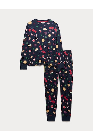 Marks & Spencer Saf Pamuklu Yılbaşı Desenli Pijama Takımı T37002275J Lacivert